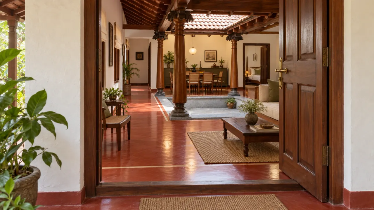 An open doorway into a home with a central courtyard and connected rooms.