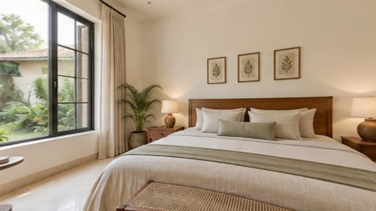 A sunlit bedroom with a wide window and room to move around the bed.